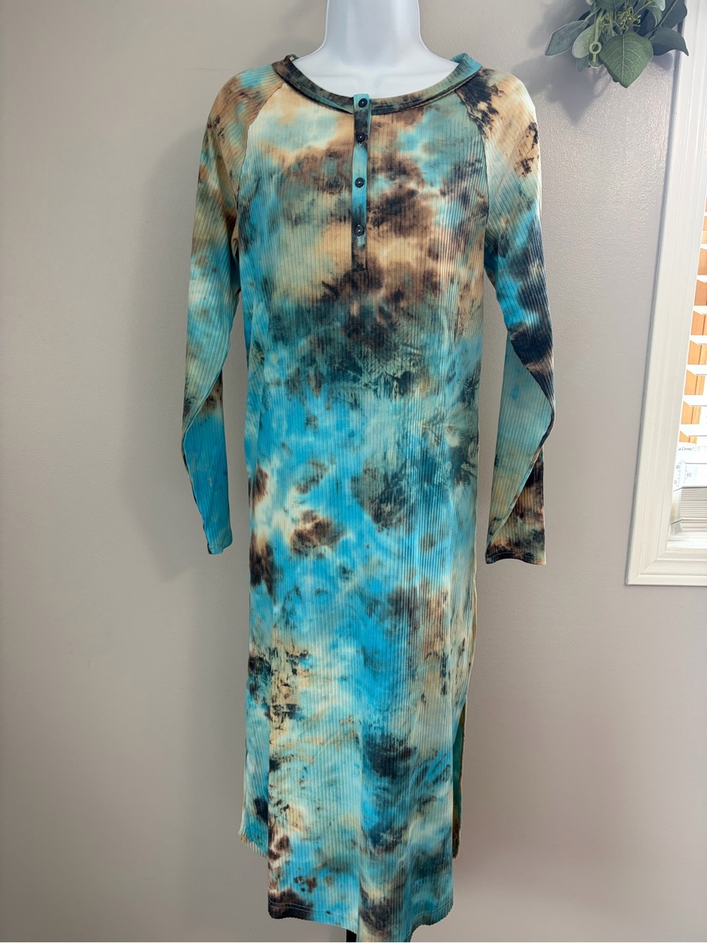 NWT Umgee Tie-Dye Ribbed Long Sleeve Midi Dress - Turquoise & Brown
